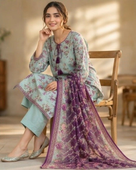 (102) Bin Saeed Floral Lawn Suit | Contrast Dupatta | Ready to Wear