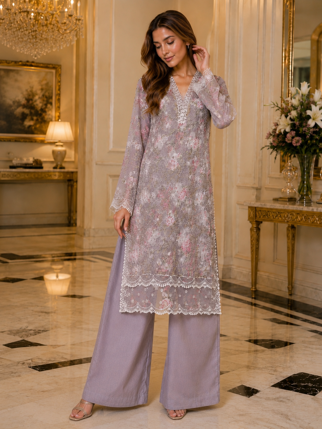 (229) Elegant Pastel Lawn Suit | Lace Embroidery & Flowing Chiffon Dupatta 🌸