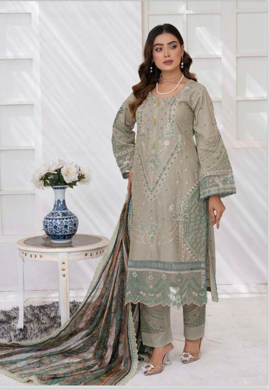 (14) Ladies' Pakistani Pastel 3-Piece Linen Suit with Printed Dupatta