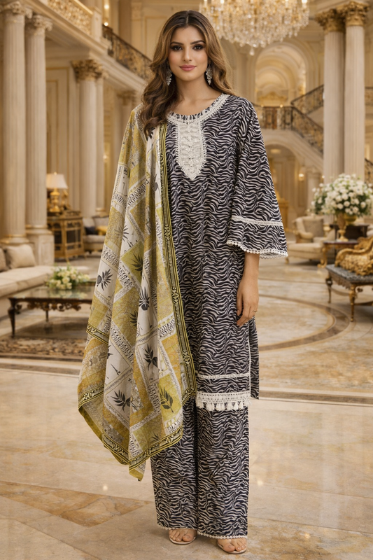 (228) Printed Soft Khaddar 3-Piece with Pearl-Trim Neckline – Ready-Made