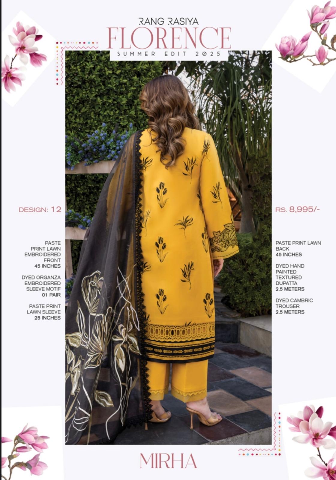 (113) Rang Rasiya Shireen Florence Summer Edit 2025 – Ready-to-Wear Lawn Suit with Printed Silk Dupatta