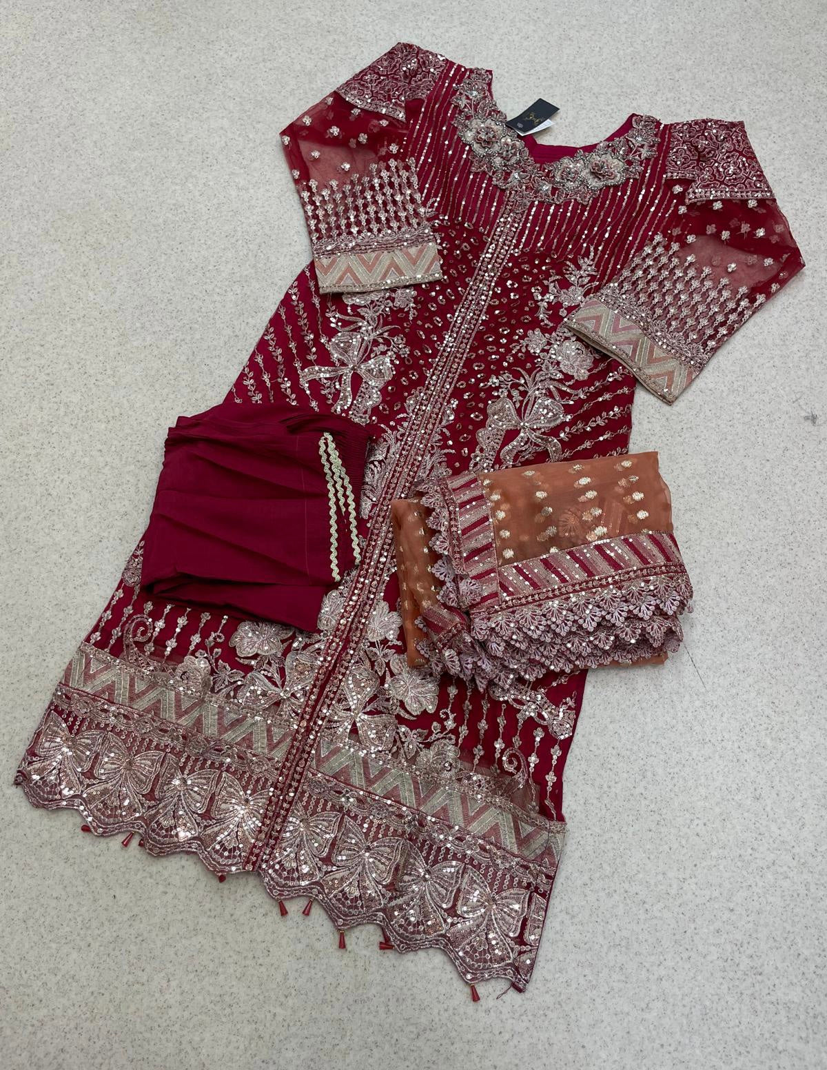 (58) Stunning Pakistani Embroidered Organza Suit in Deep Red &Diamante & Pearls