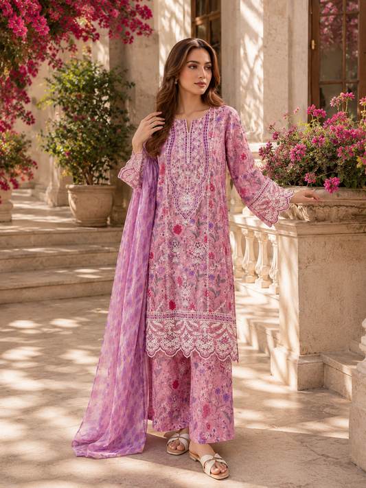 (210) Adan’s Libas Printed Lawn Suit | Lace Embroidery & Voile Dupatta