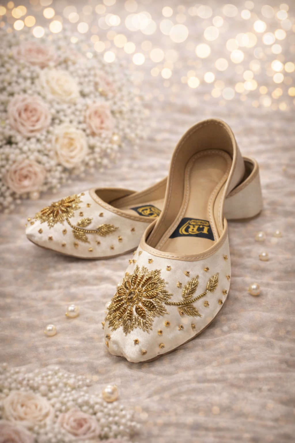 (S15) Handmade Satin Khusa – Gold Embroidered Punjabi Jutti with Soft Foam Comfort