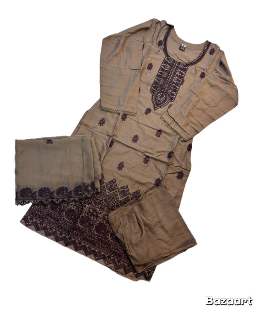 (168) Linen Pakistani Embroidered Sequin Chiffon Scarf Three-Piece Ready-Made Suit