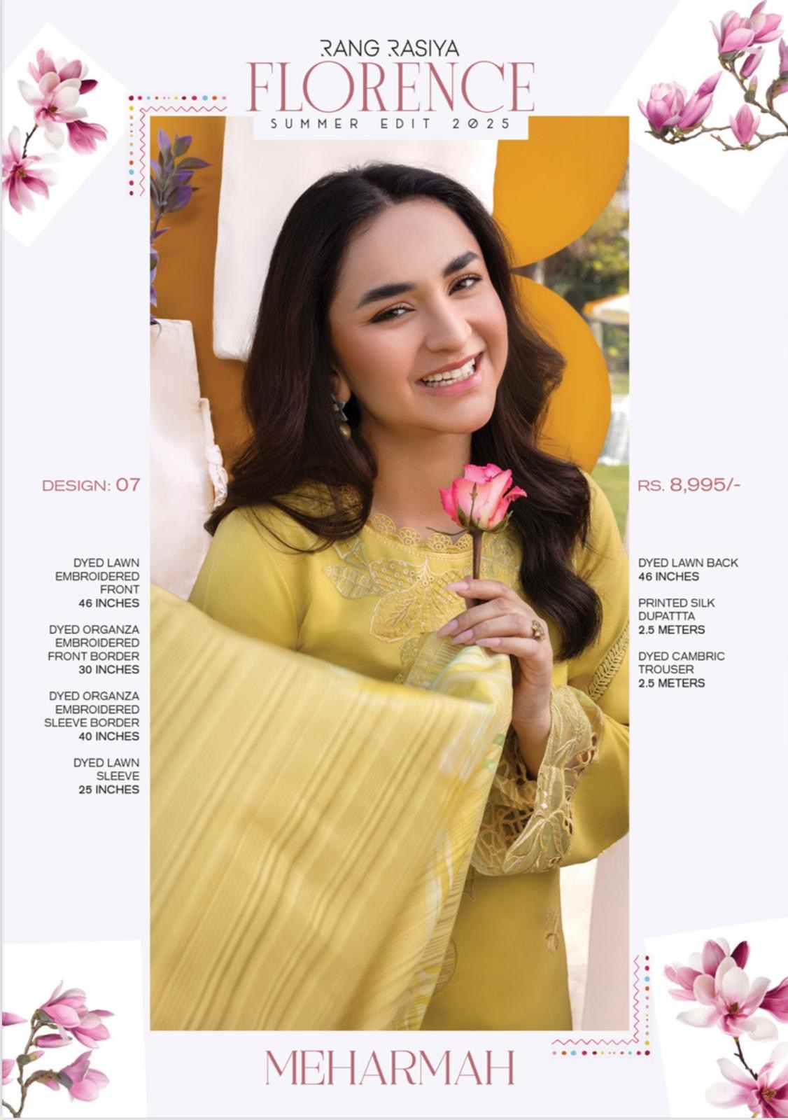 (114) Rang Rasiya Shireen Florence Summer Edit 2025 – Ready-to-Wear Lawn Suit with Printed Silk Dupatta