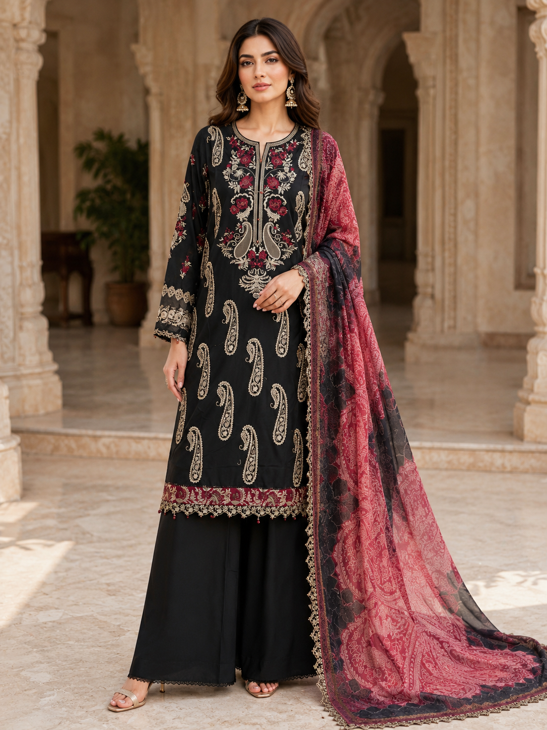 (4) Rangreza pret lawn beautifully thread embroidered lace trim contrast chiffon duppatta plazzo trousers pearl beaded cuff arms ready to wear