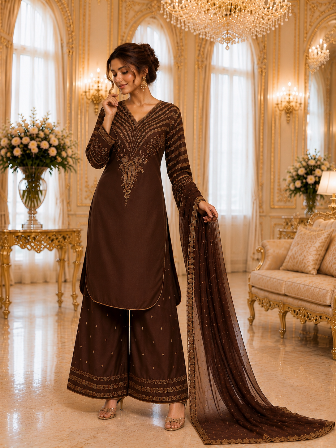 (296) Brown Viscose Palazzo Suit | Gold Thread & Sequin Embroidery