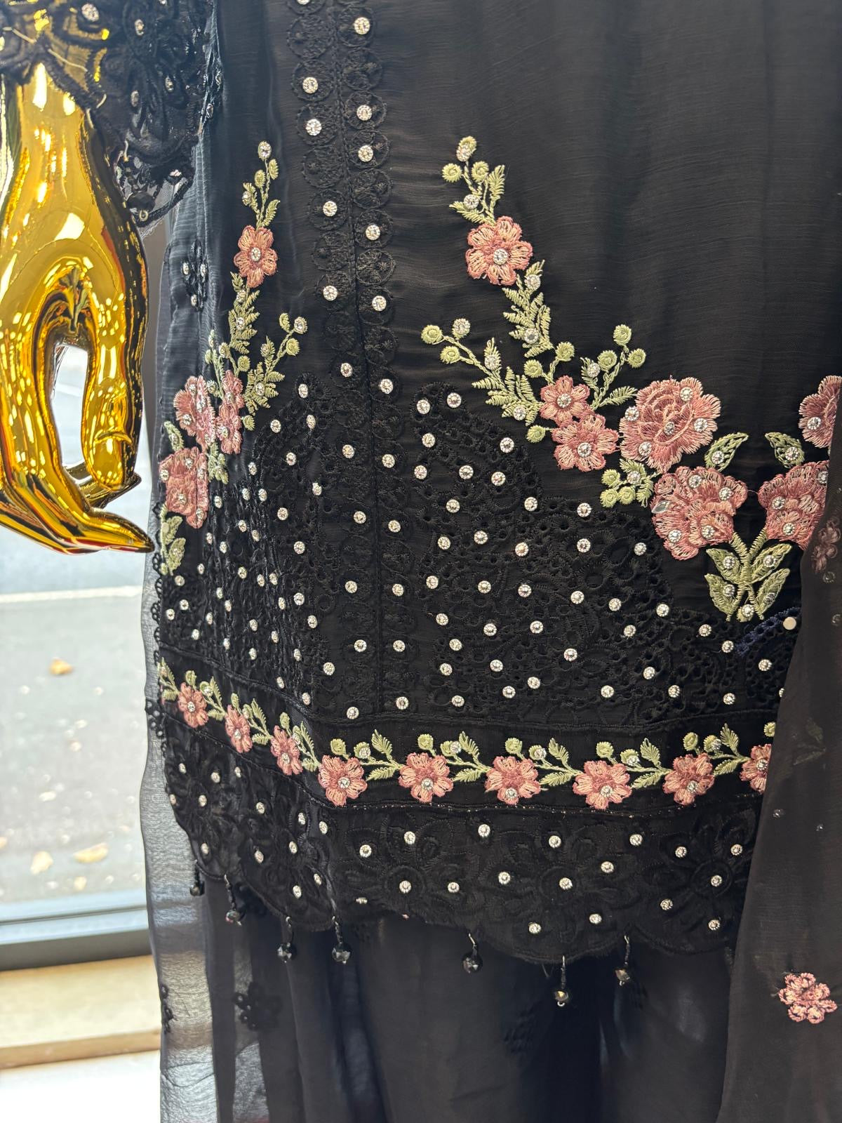 (09) Pakistani occasional embroidered diamonte chiffon ready to wear suit