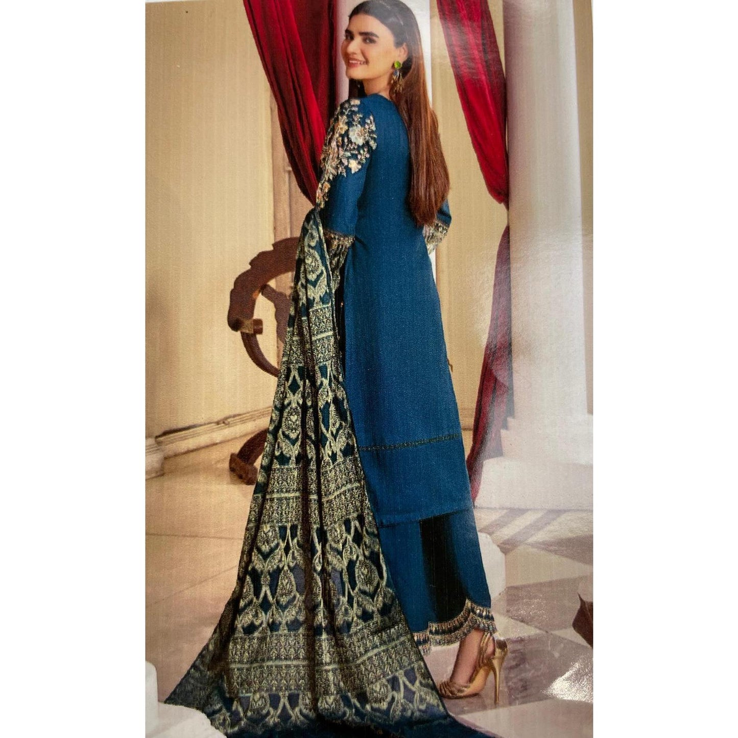 (213) Ladies Pakistani Teal Suit with Intricate Gold Embroidery & Palazzo Trousers