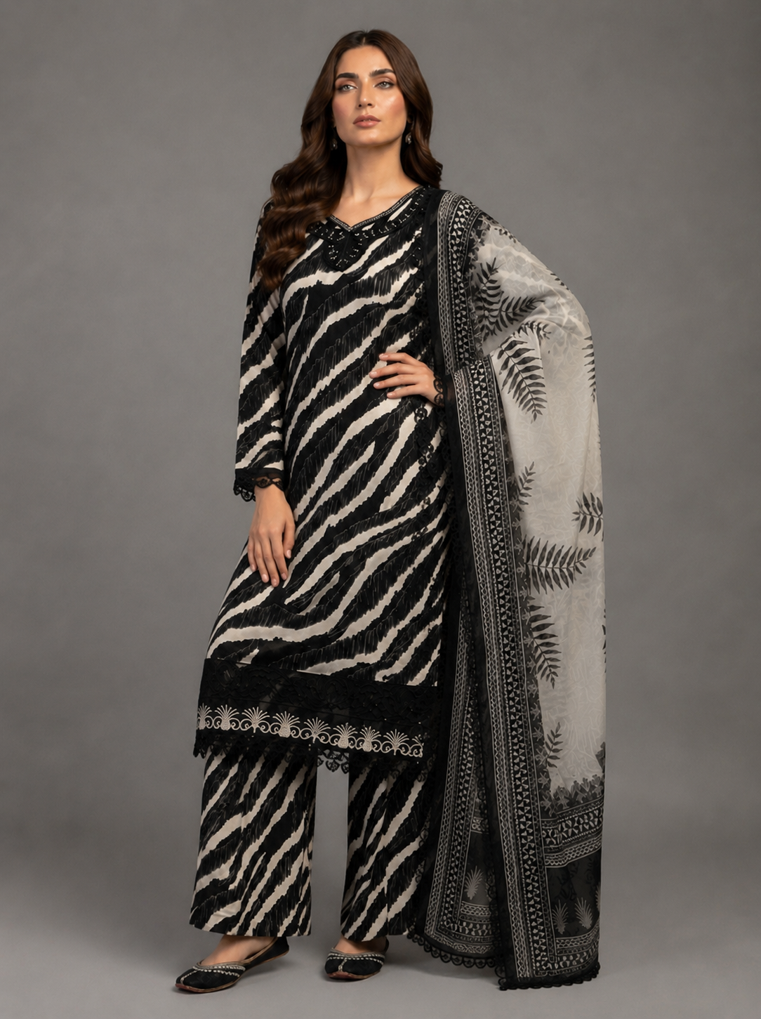 (227) Black & Beige Zebra Print Lawn Suit & Chiffon Dupatta