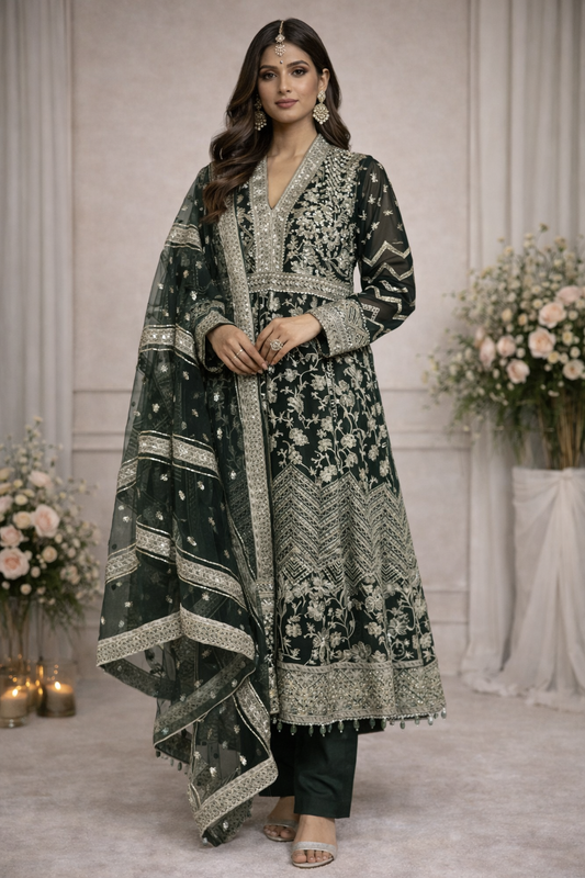 (259) Aadnan Libas–inspired organza long Anarkali dress with sequin, thread, and pearl embroidery, paired with a matching organza dupatta – ready to wear.