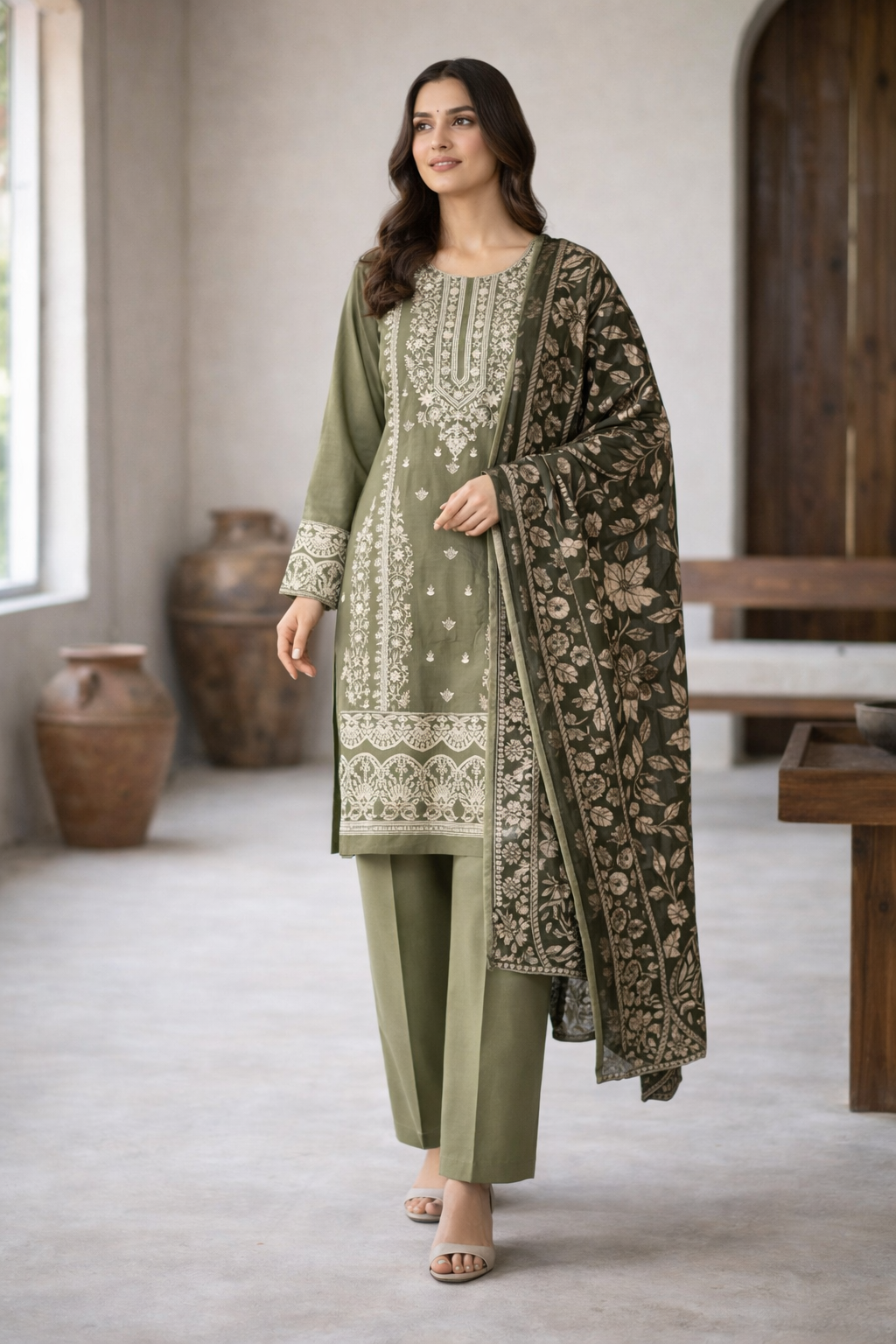 (320) Pakistani Viscose Suit | Embroidery & Palachi Dupatta Set.