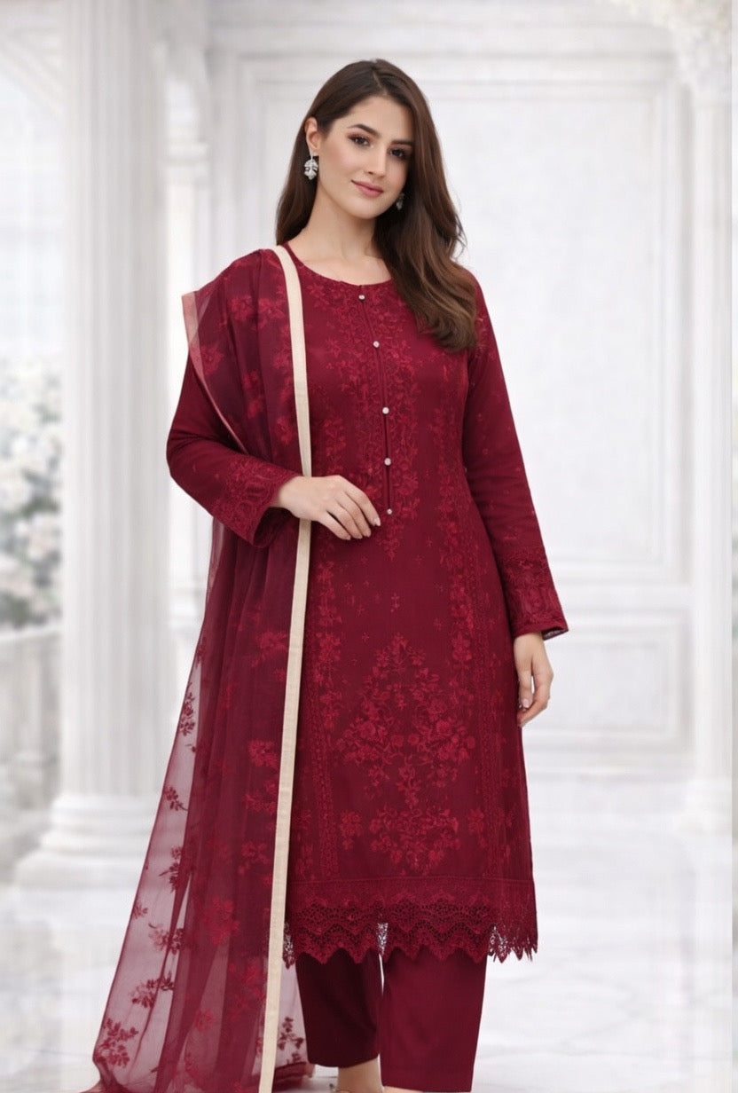 (350) Maroon Chikankari Viscose Suit | Sequin Embroidery | Ready to Wear