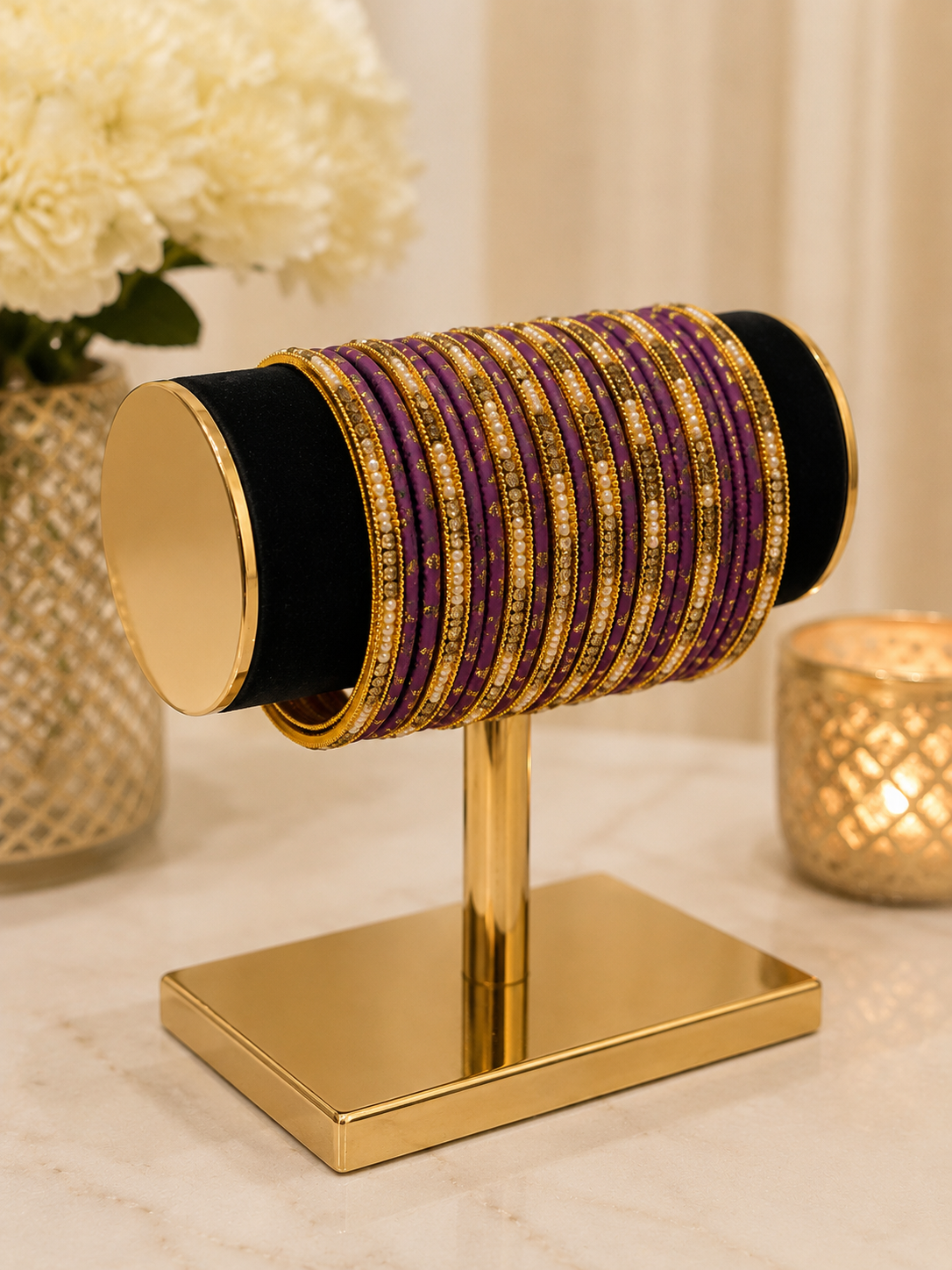 (B16) Elegant purple and gold bangle set featuring delicate gold detailing, sparkling stonework and pearl accents. A beautiful statement set, perfect for weddings, Eid, parties and special occasions size 2.4