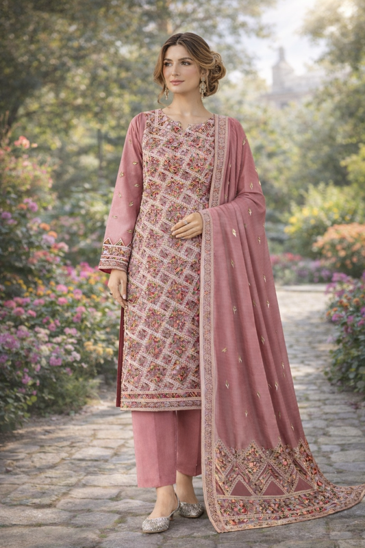 (357) Elegant pink fancy zari lawn suit, ready-to-wear, beautifully crafted with intricate detailing and paired with a four-sided (chaar patti) richly embroidered dupatta for a complete graceful look
