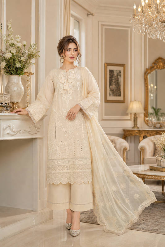 (159) Munira Premium Lawn Palazzo Suit | Floral Lace & Chiffon Dupatta