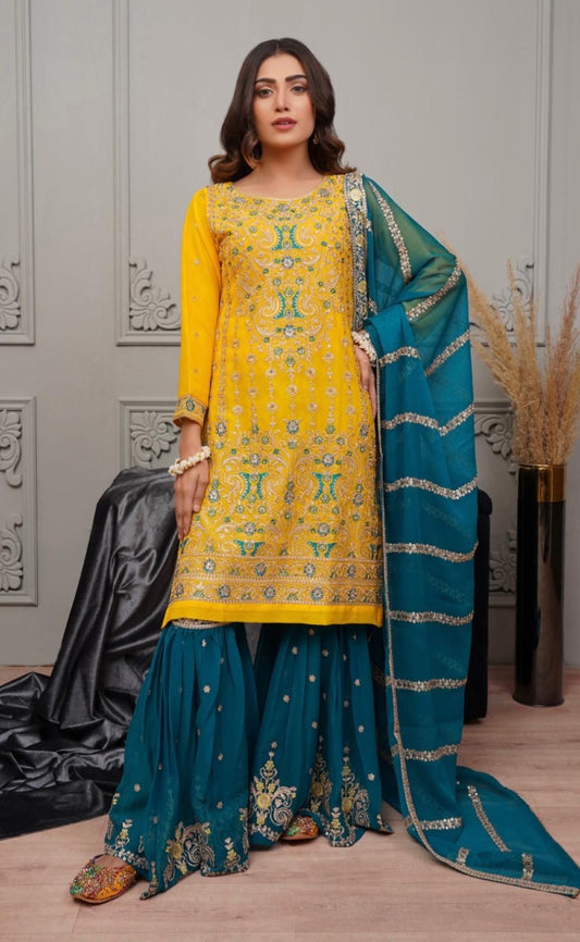 (218) Ladies Pakistani 3-Piece Chiffon Sharara Suit with Gold Embroidery