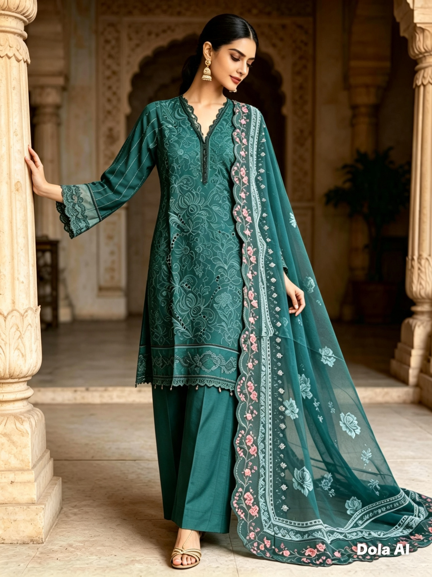 (16) Rangreza pret chicken Kari lace sequin embroidered floral lawn chiffon duppatta plazzo trousers ready to wear