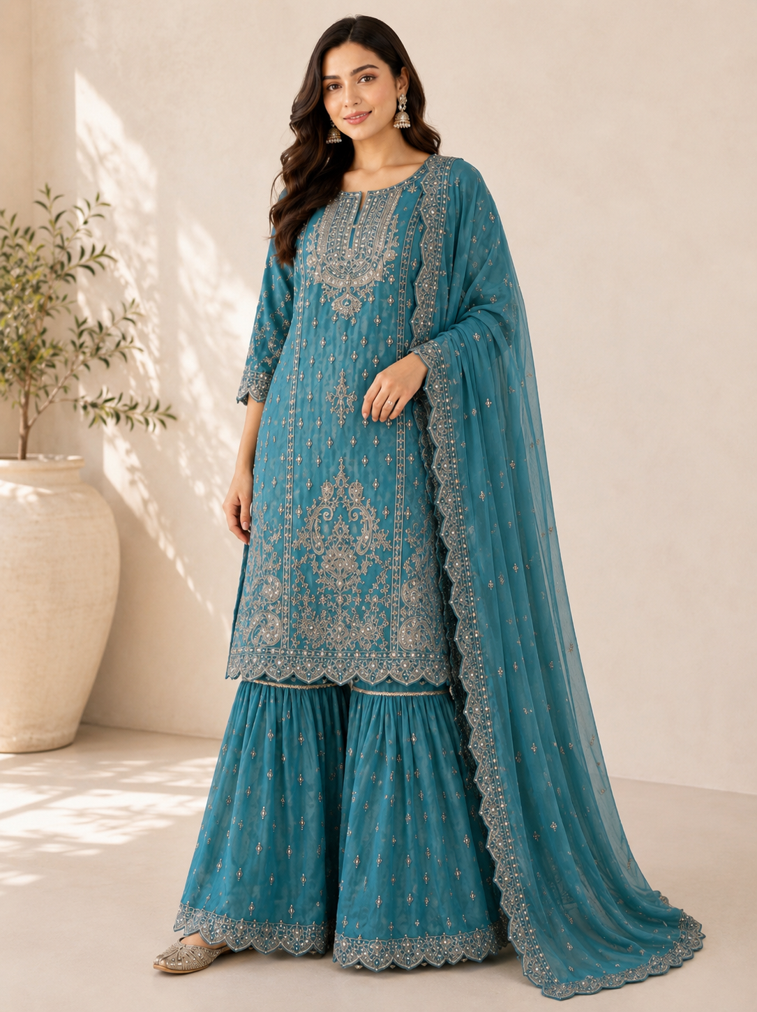 (86) Pakistani Chiffon Gharara Suit with Gold Thread Embroidery Ready to Wear