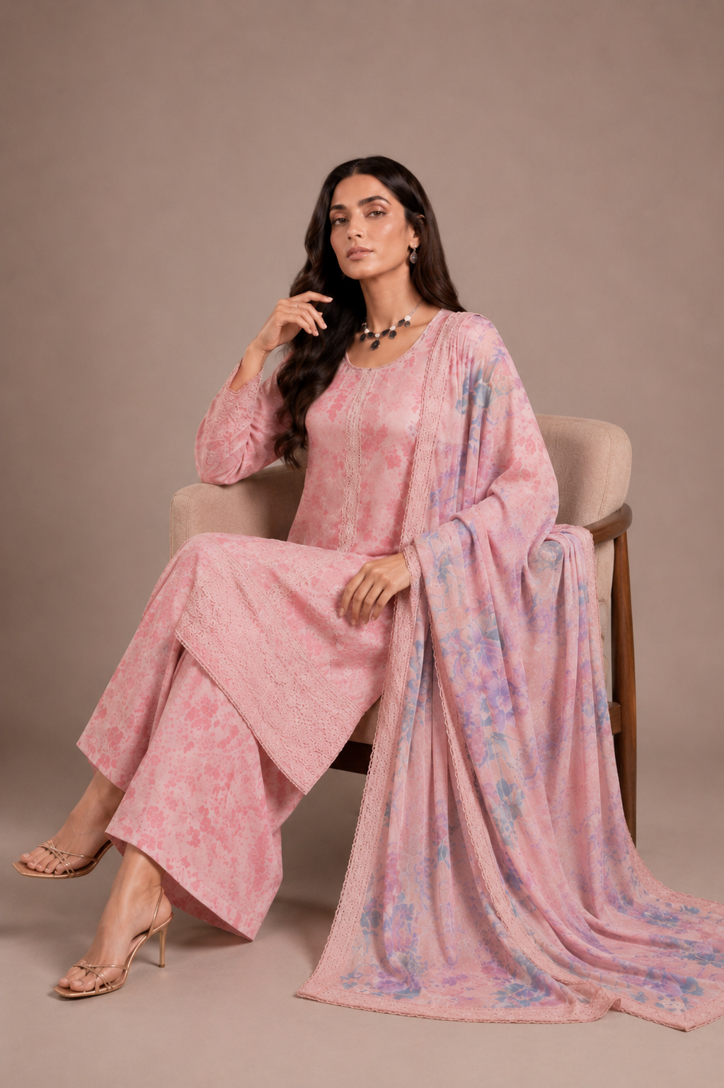 (212) Elegant Floral Printed Lawn Suit | Gold Thread & Sequin Embroidery