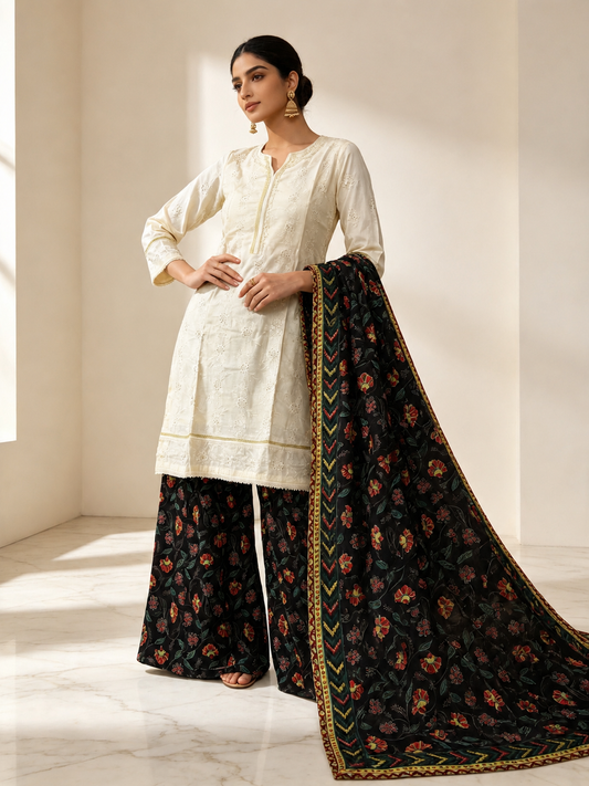 (79) Elegant contrast cotton chickankari sequin embroidered printed plazzo trousers ready to wear