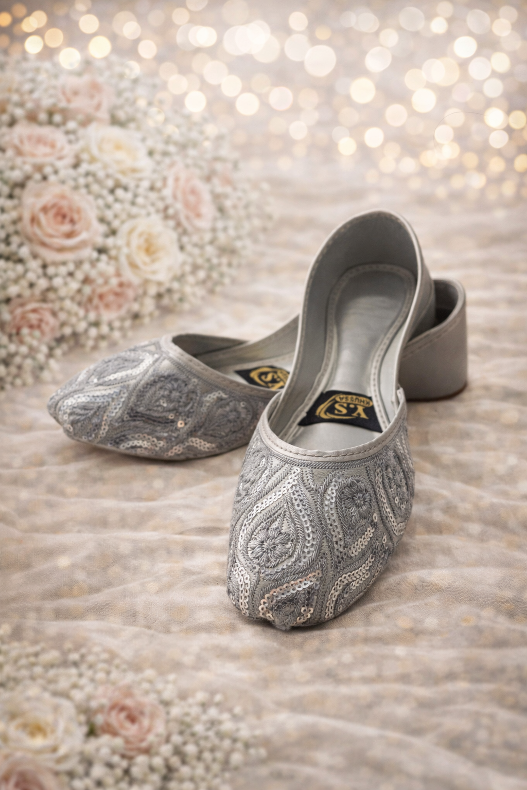 (S21) hand made Khussa grey sequin embroidered soft foam non slip Punjabi jutti