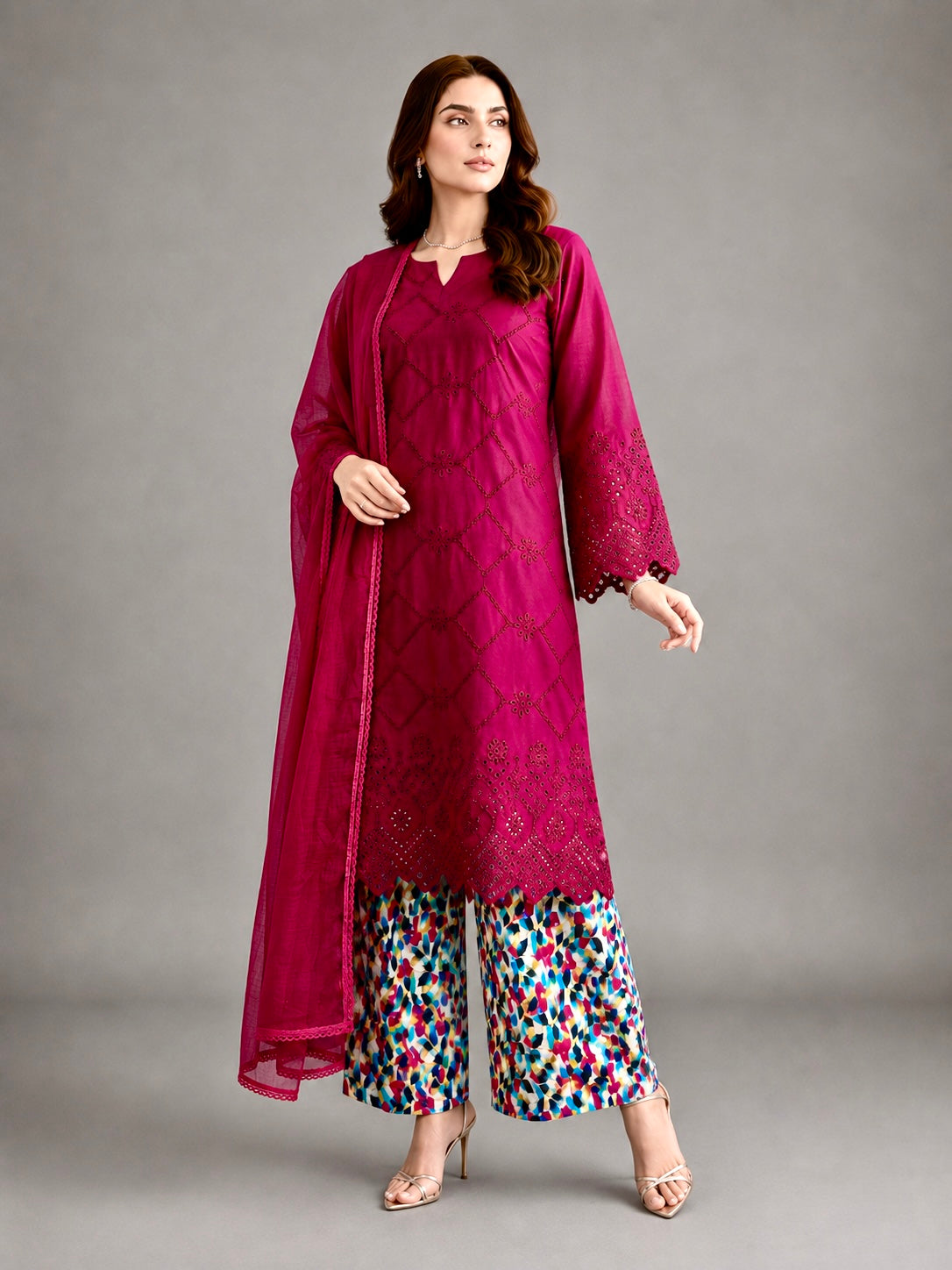 (221) Chikankari Embroidered Lawn Suit with Matching Dupatta & Palazzo Trousers – Perfect Comfy Summer Wear
