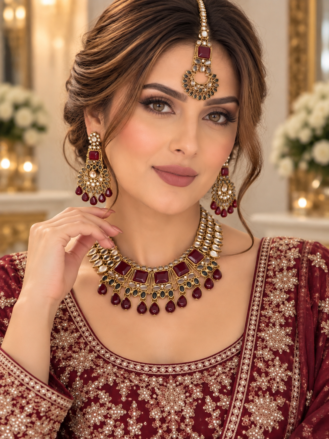 (J8) Elegant gold-tone jewellery set with ruby-red stones, matching statement earrings and tikka. Perfect for weddings, parties and special occasions