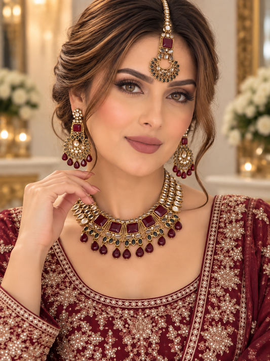 (J8) Elegant gold-tone jewellery set with ruby-red stones, matching statement earrings and tikka. Perfect for weddings, parties and special occasions