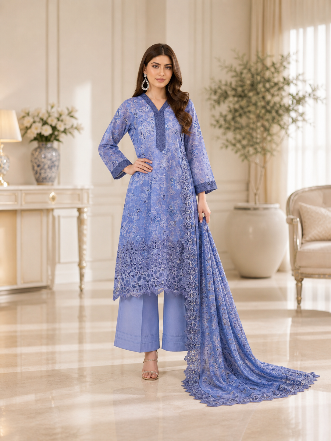 (138) Tawakkal Paisley Lawn Suit | Cutwork Lace & Sequin Embroidery