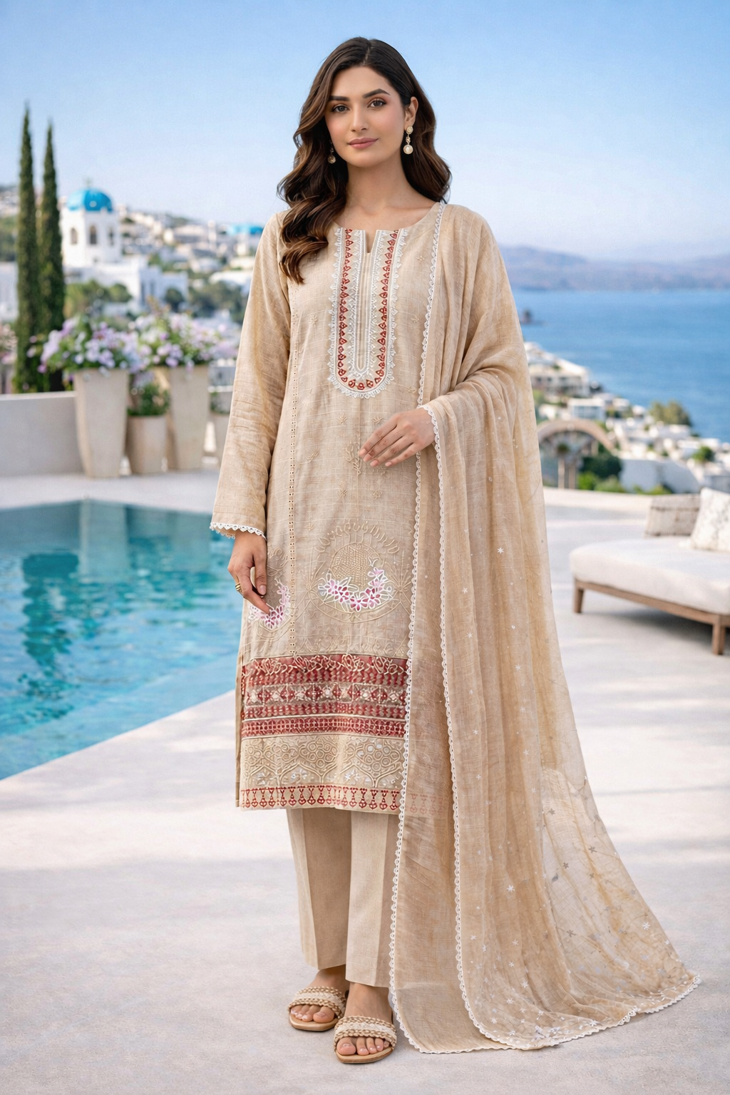(2) Elegant Linen Ready to Wear 3 Piece Suit with Chicken Kari and Lace Dupatta