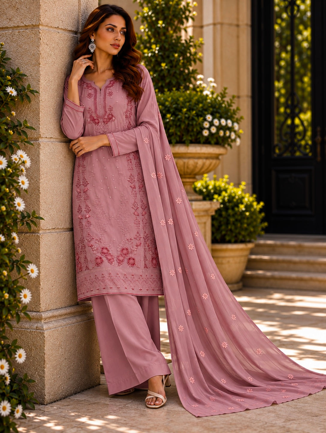 (361) Abeeha mauve Viscose Floral Embroidered Suit 
A beautiful blend of comfort and elegance, soft viscose kameez with delicate floral embroidery, paired with a stunning Bamber dupatta