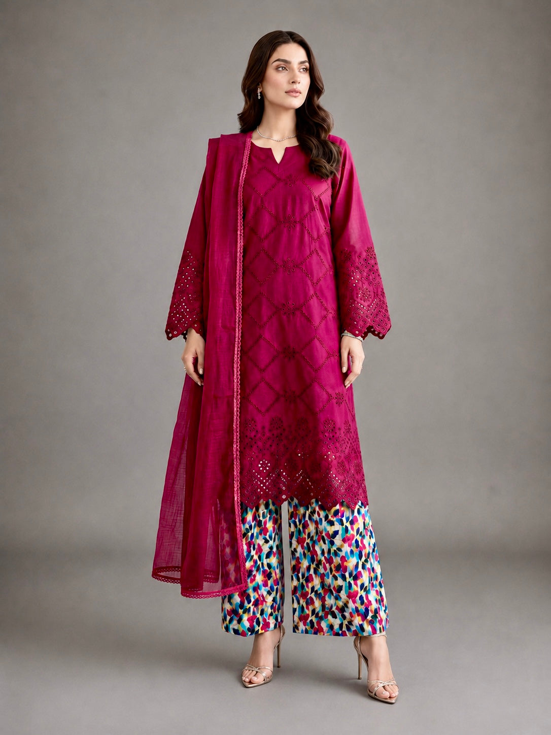 (221) Chikankari Embroidered Lawn Suit with Matching Dupatta & Palazzo Trousers – Perfect Comfy Summer Wear