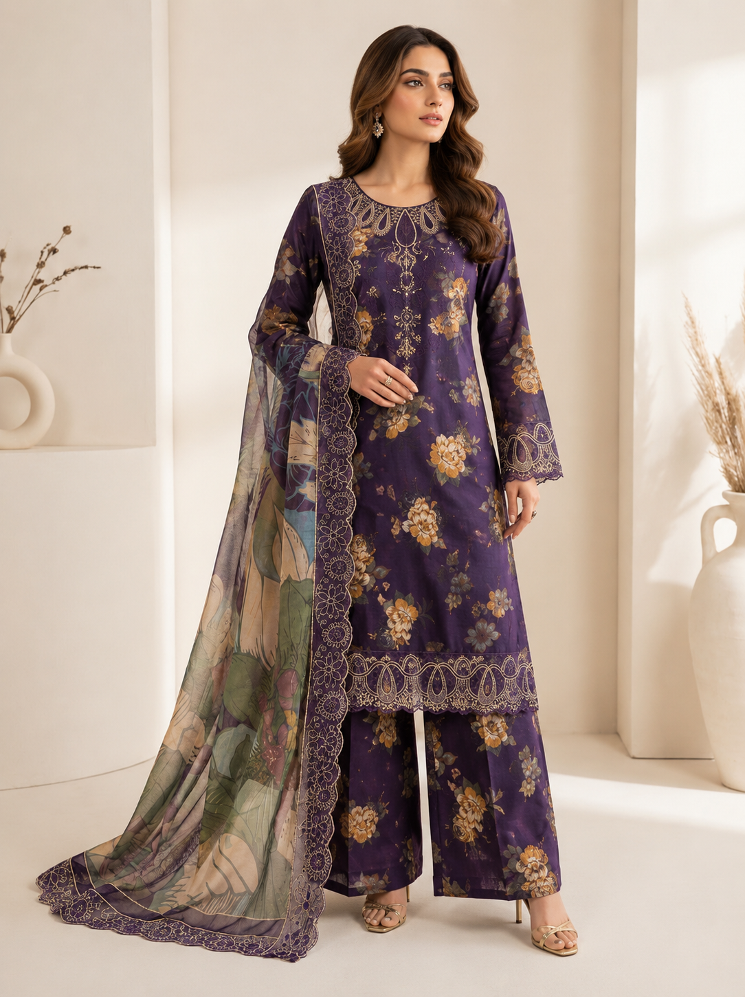 (226) Luxury Deep Purple Lawn Suit with Detailed Embroidered Neckline & Crinkle Chiffon Dupatta