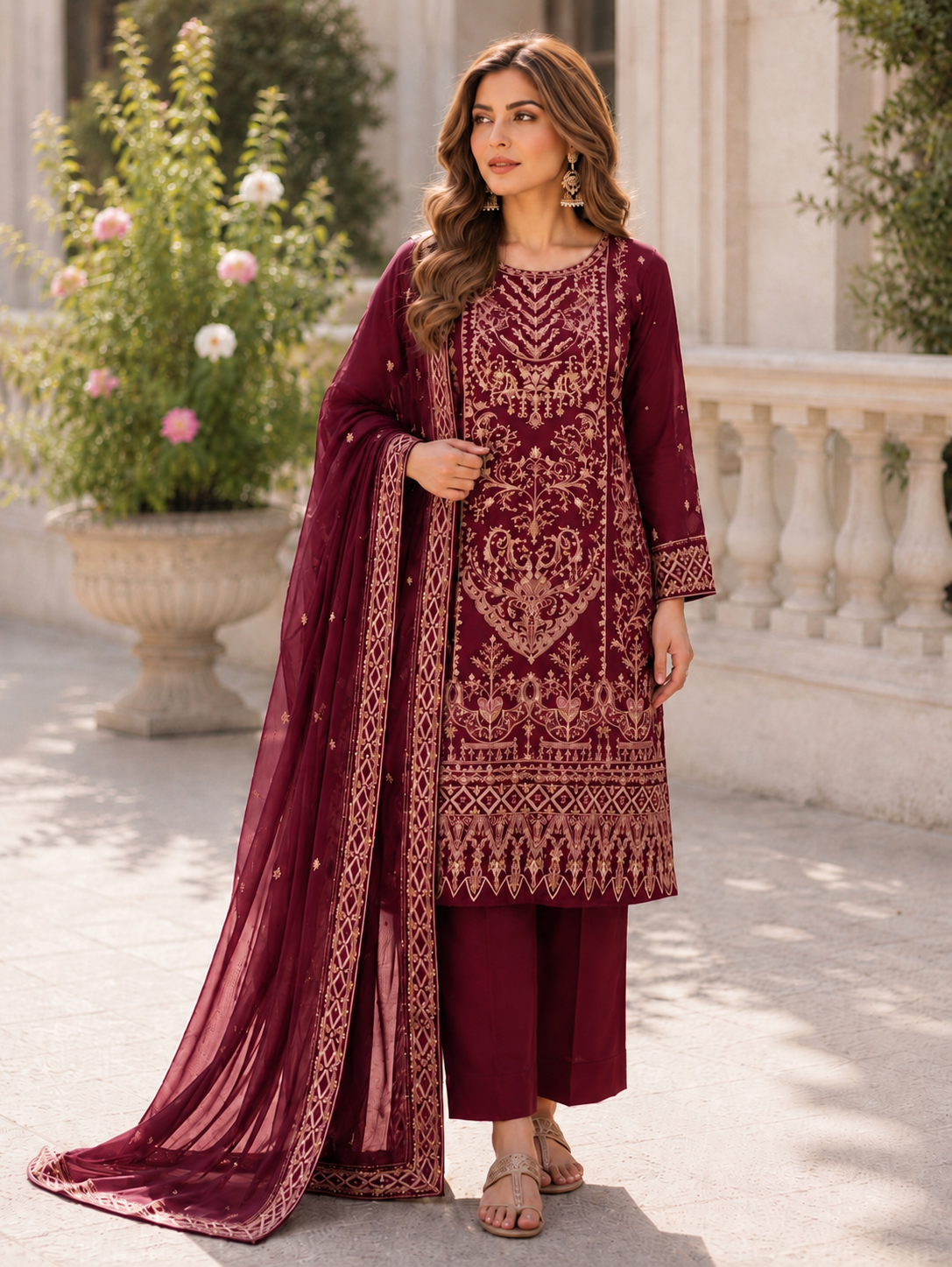 (14) Pakistani Chiffon Embroidered Sequin Suit Ready to Wear with Dupatta