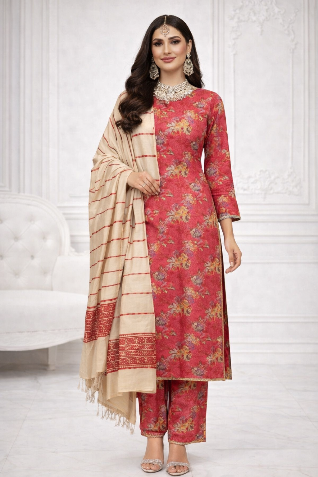 (73) Pakistani Printed Soft Khaddar Winter Suit with Gold Thread Detailed Shawl