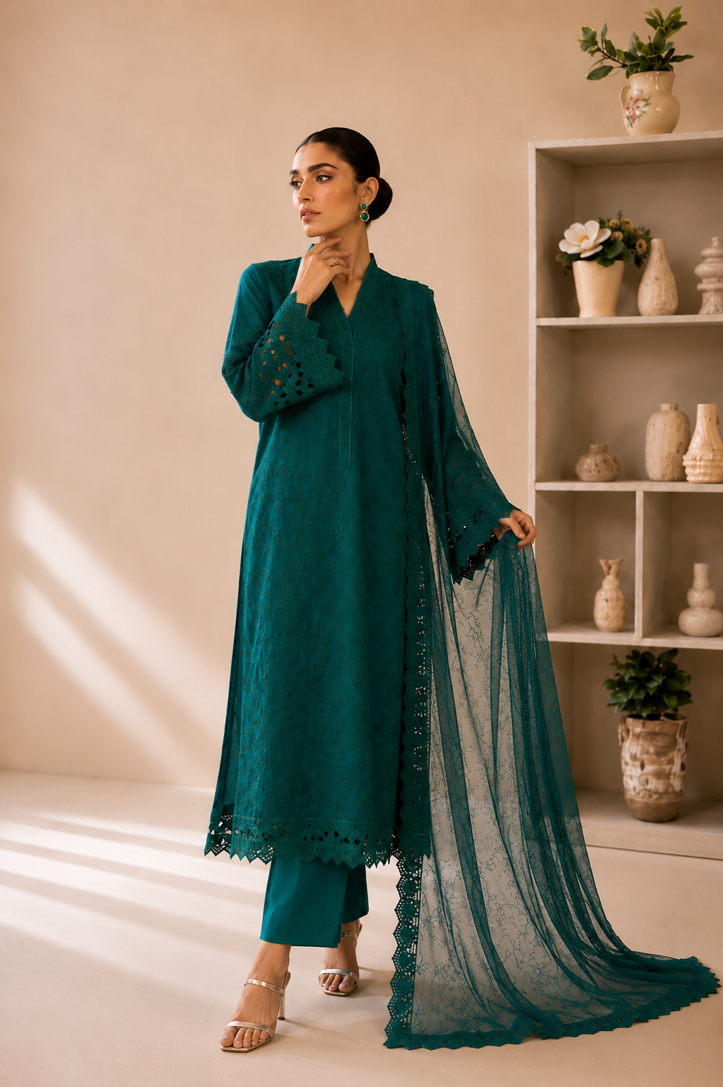 (351) Maria b inspired embroidered arabic lawn lace cutwork pearl sequins printed chiffon dupatta ready to wear