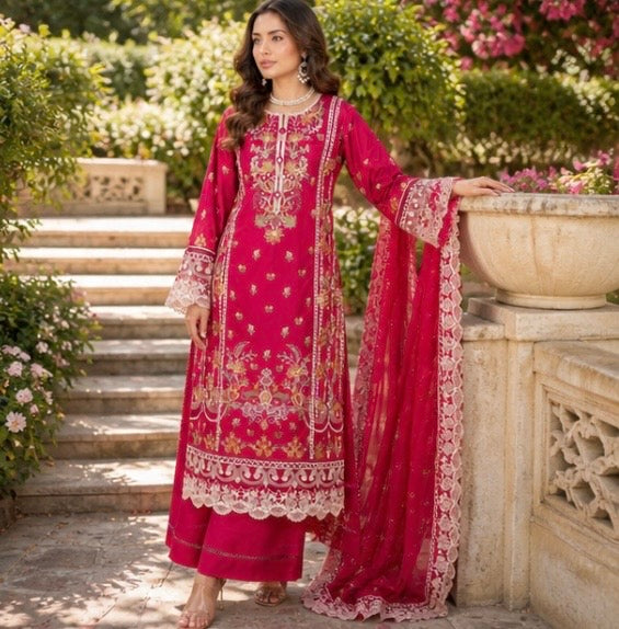 (198) Munira premium lawn chiffon plazzo dupatta lace floral beaded fully lined ready to wear