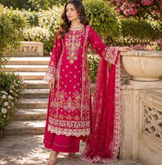 (198) Munira premium lawn chiffon plazzo dupatta lace floral beaded fully lined ready to wear