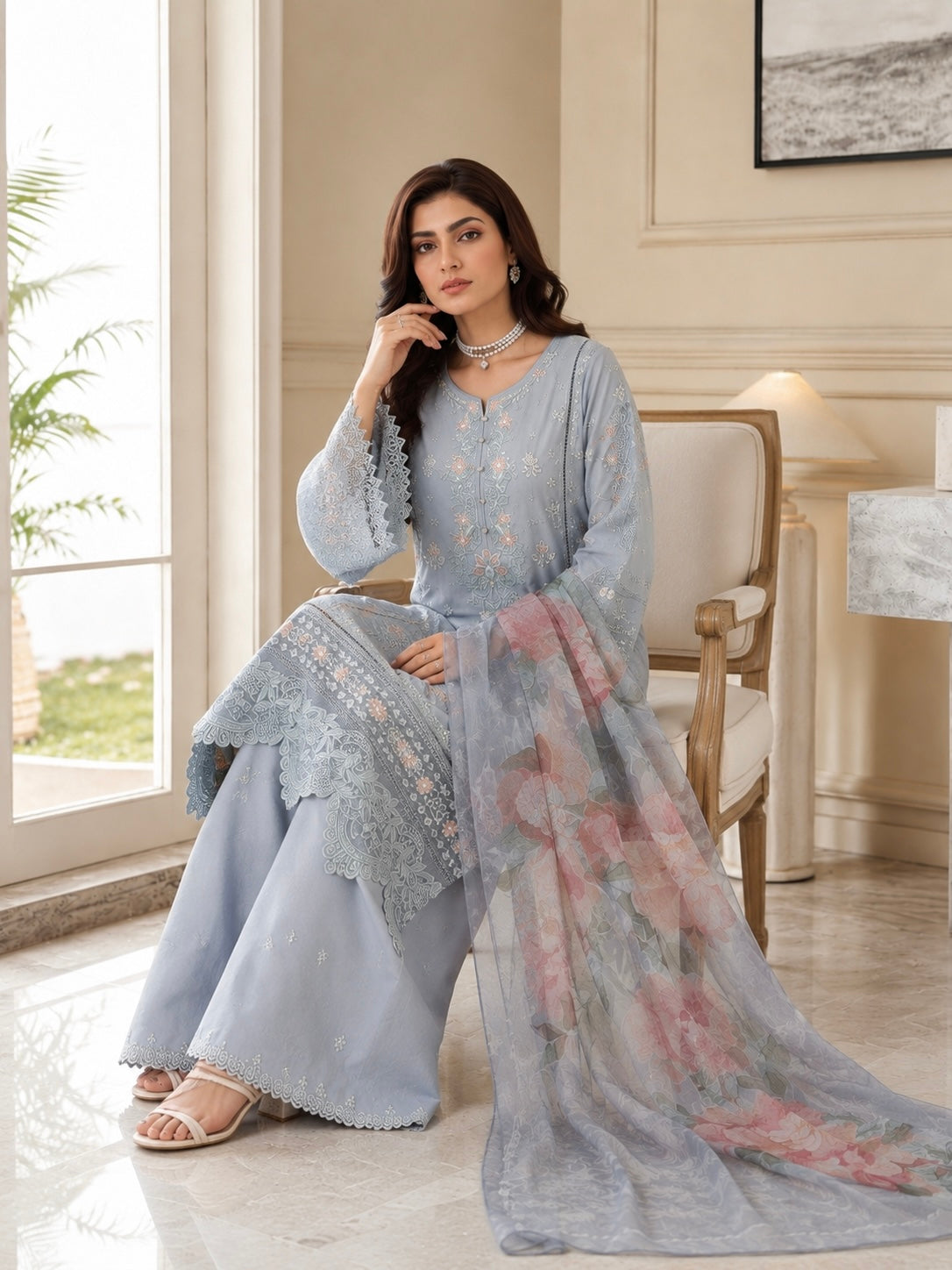(27) Imrozia/serene viscose pastel floral lace embroidered pearl button plazzo khadi net dupatta ready to wear