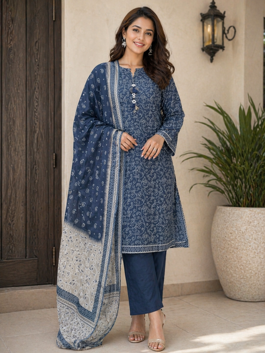 (115) Bin Saeed Lawn Suit | Paisley & Pearl Neck | Contrast Dupatta