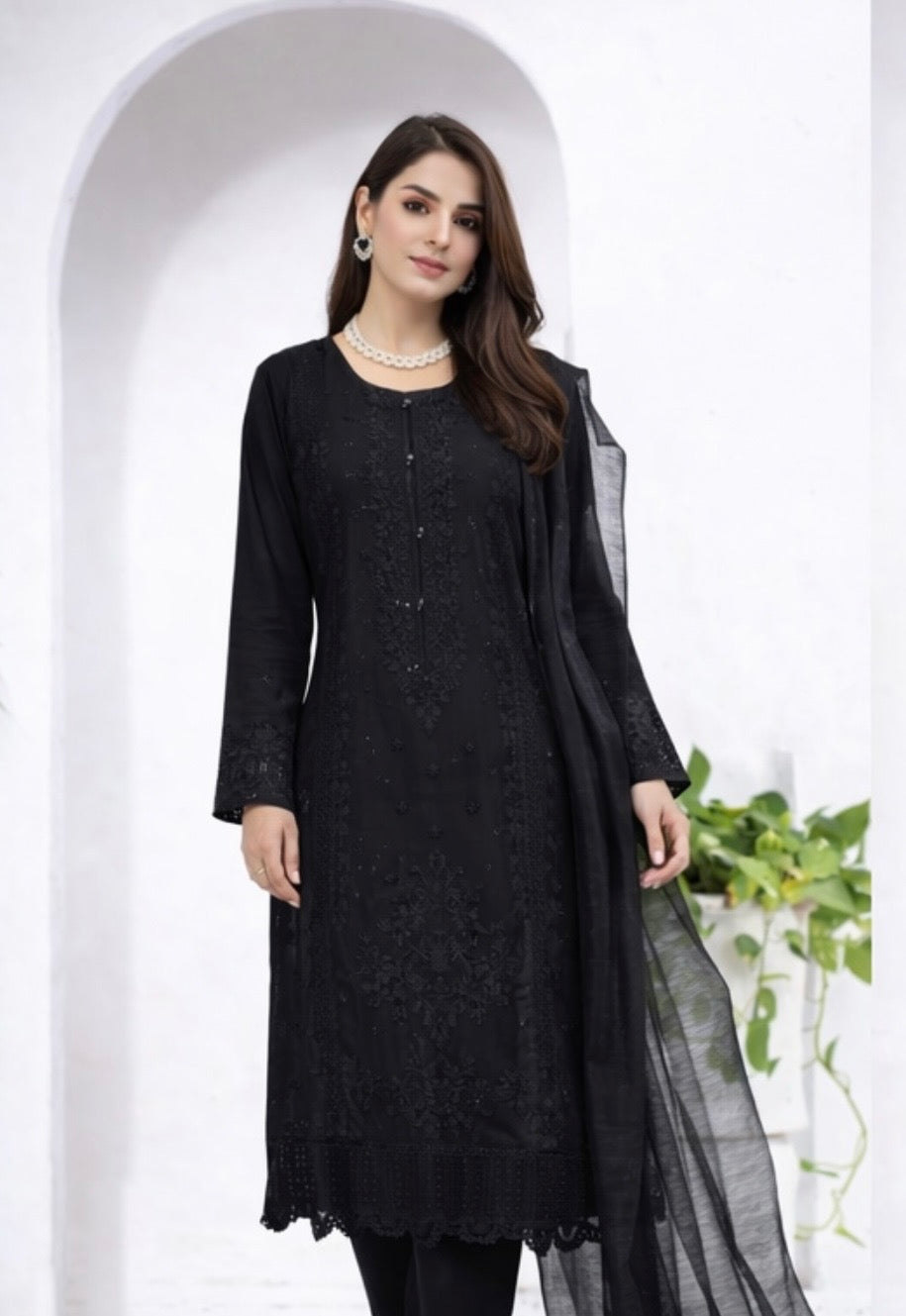 (348) Black Chikankari Viscose Suit | Sequin Embroidery | Ready to Wear