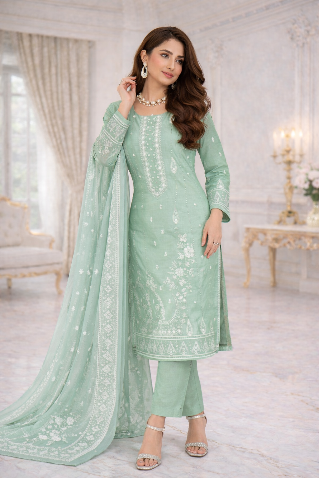(153) Viscose Embroidered Suit with Vibrant Digital Dupatta Soft and Breathable Ready Made