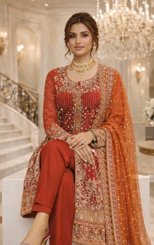 (58) Pakistani Embroidered Organza Suit – Deep Red Diamante & Pearl Party Wear