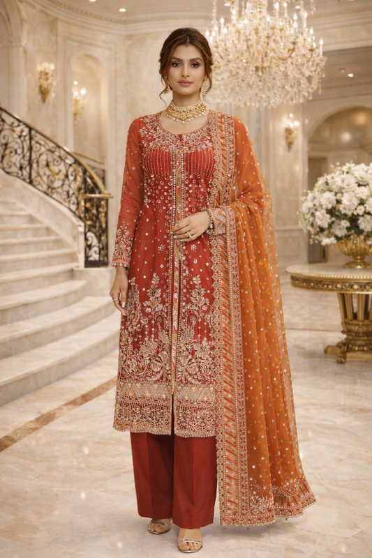 (58) Pakistani Embroidered Organza Suit – Deep Red Diamante & Pearl Party Wear