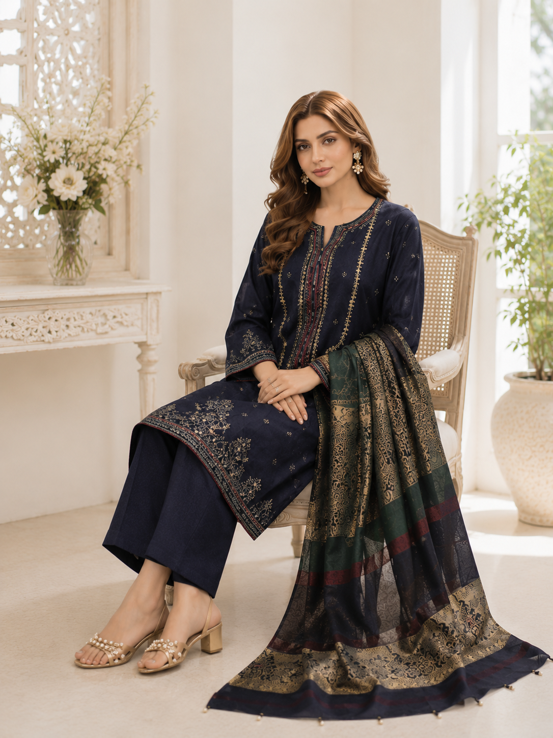 (234) Dhanak Embroidered Ready-Made Suit with Shawl – Elegant & Timeless