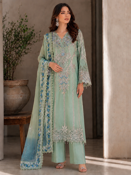 (143) Maria b chiffons inspired lace beaded diamonte neck floral chiffon kameez chiffon duppatta ready to wear
