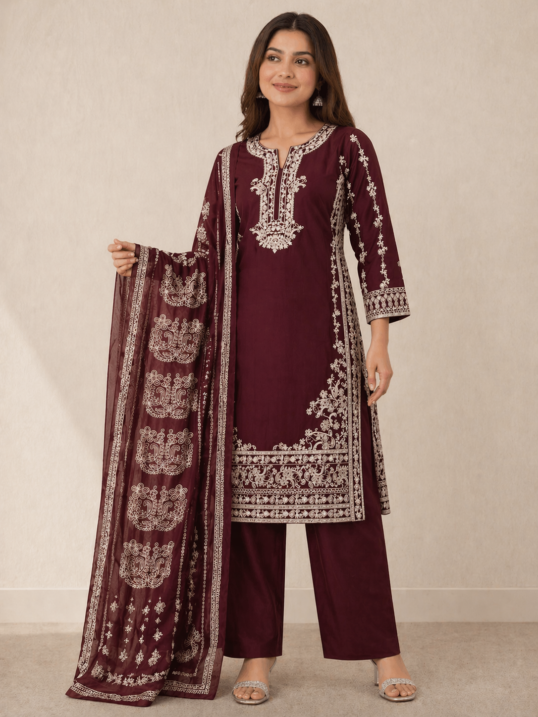 (92) Pakistani Maroon Linen Suit | Zari Embroidery & Printed Dupatta