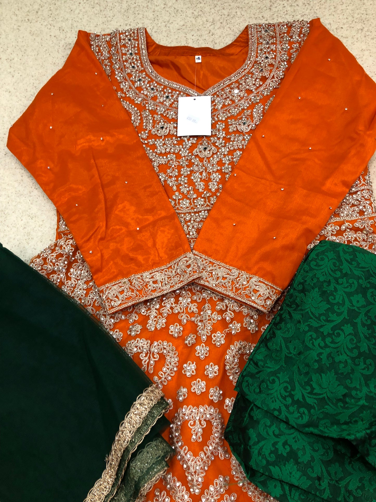 (206) Pakistani Stone Work Mendhi Umbrella Dress with Plazzo – 3-Piece Suit